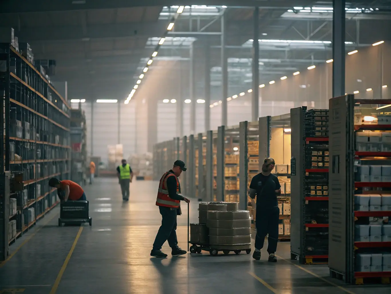 A modern warehouse with forklifts moving pallets of goods, symbolizing Sun Bright's distribution network.