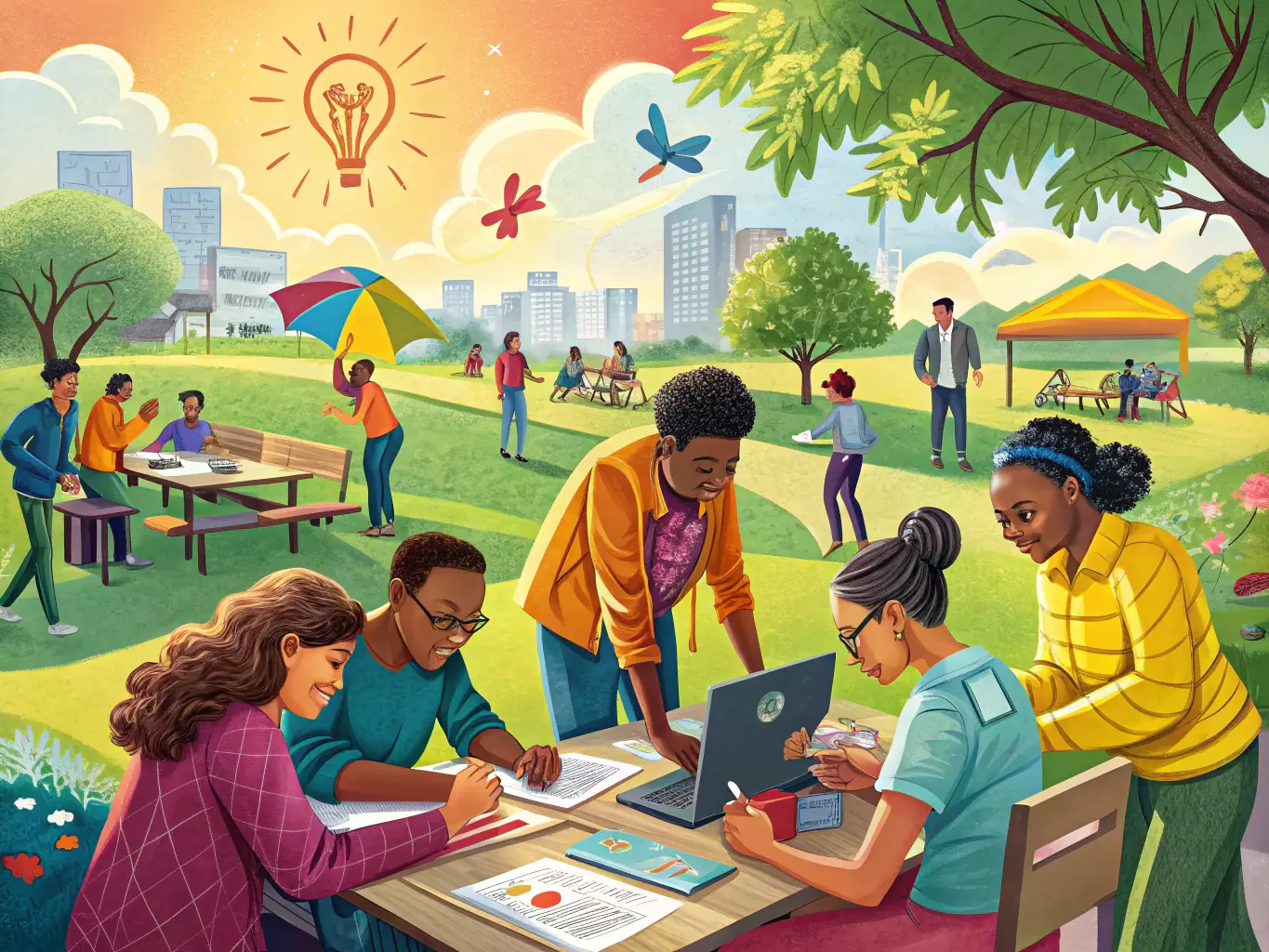 A group of young people working together on a community project, symbolizing Sun Bright's commitment to non-profit initiatives.