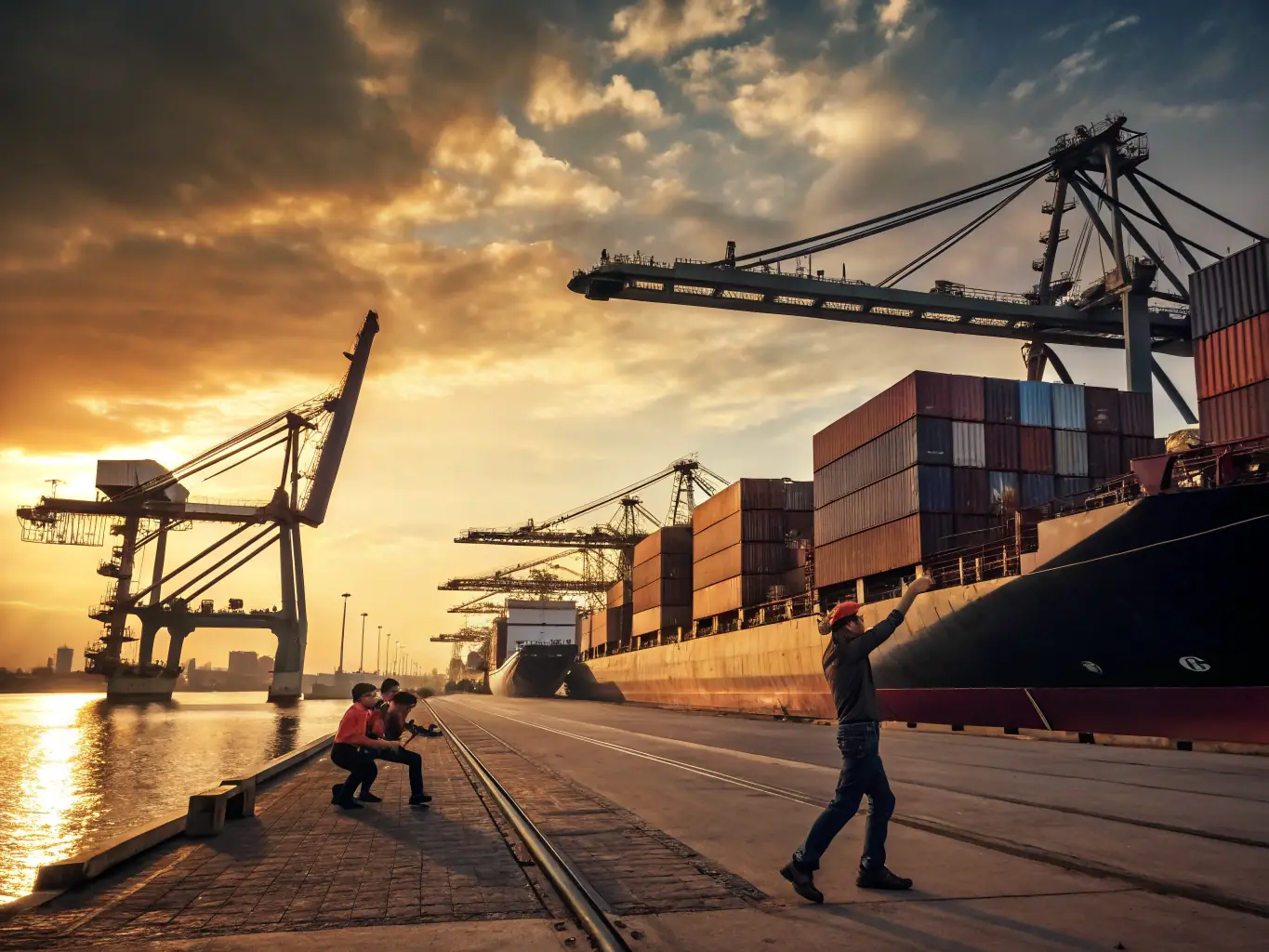 A bustling port scene with cargo ships being loaded and unloaded, representing Sun Bright's import and export capabilities.