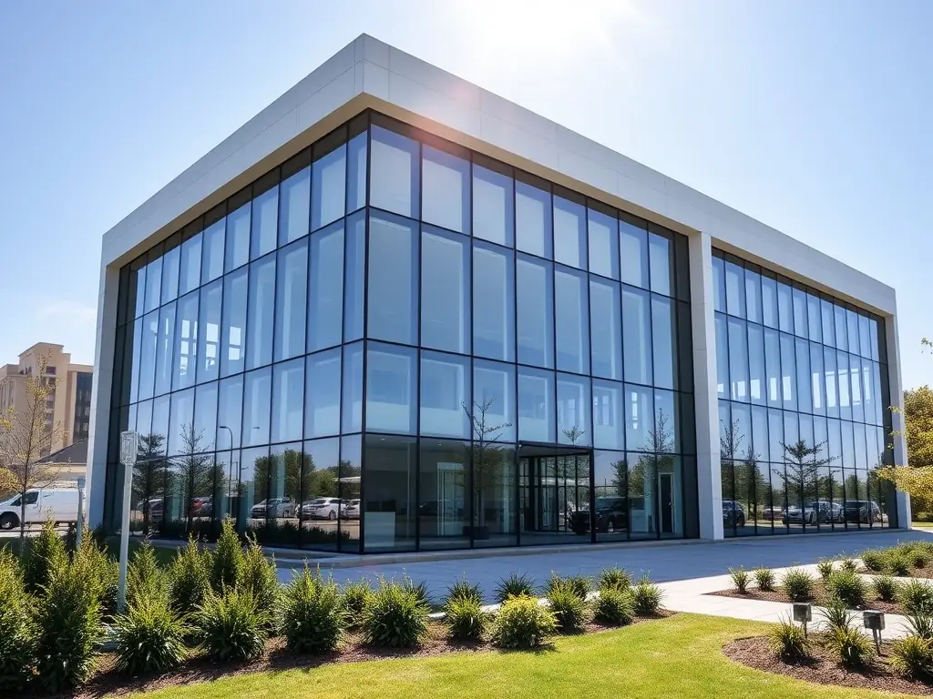 A modern office building with the Sun Bright logo prominently displayed, representing the company's for-profit subsidiaries.